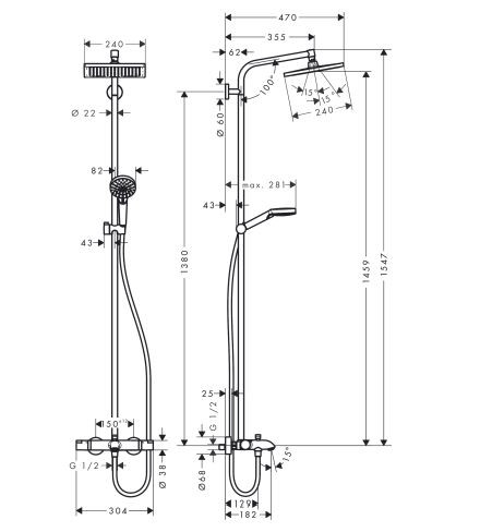 Душевая система Hansgrohe Crometta E Showerpipe 240 1jet 27298000 с термостатом для ванны