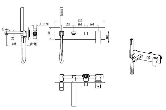 Смеситель Boheme Qubic 474-2-SGM для ванны встраиваемый оружейная сталь глянец (графит глянец)