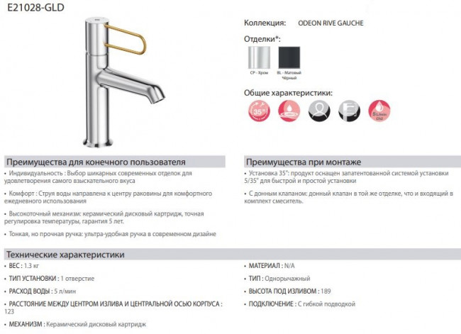 Смеситель Jacob Delafon Odeon Rive Gauche E21028-GLD-BL для раковины матовый черный