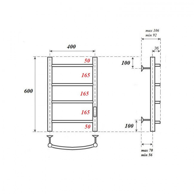 Полотенцесушитель электрический Point Афина PN04846 П4 400*600 диммер справа хром