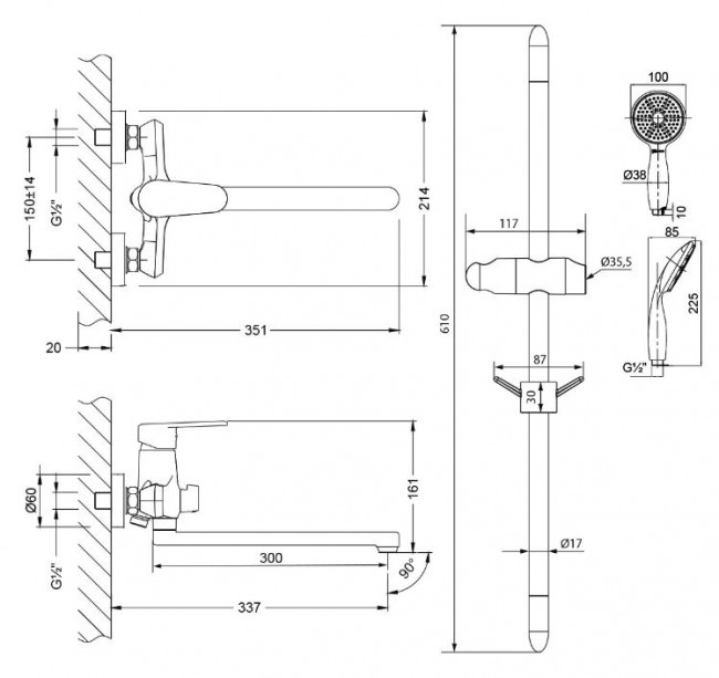 Комплект смесителей Lemark Point LM0379C 2 в 1 для ванной комнаты