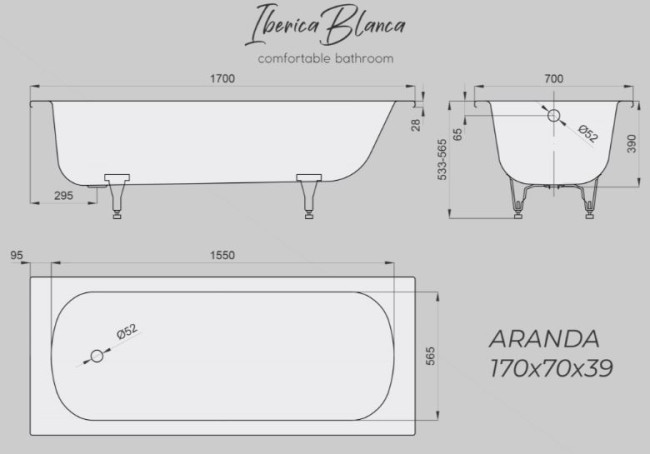 Ванна стальная Iberica Blanca Aranda 170*70 IB-AR-170-70-39-SG