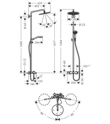 Душевая система Hansgrohe Croma Select S Showerpipe 280 1jet 26792000 с термостатом для ванны