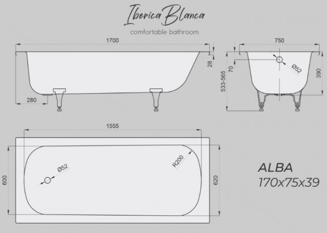 Ванна стальная Iberica Blanca Alba 3.5 170*75 IB-AL-170-75-39-HG