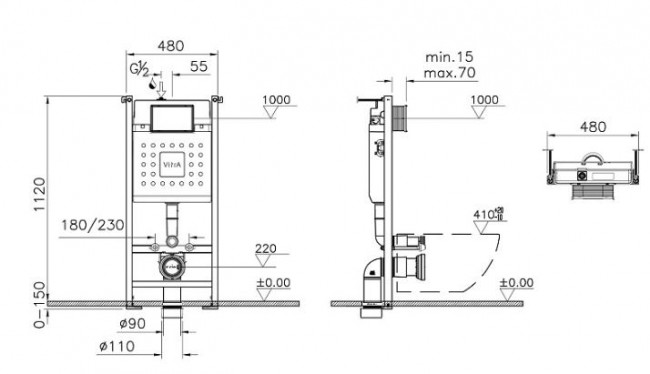 Комплект инсталляции VitrA L-Box 9005B003-7211 с безободковым унитазом S40 кнопка хром глянец