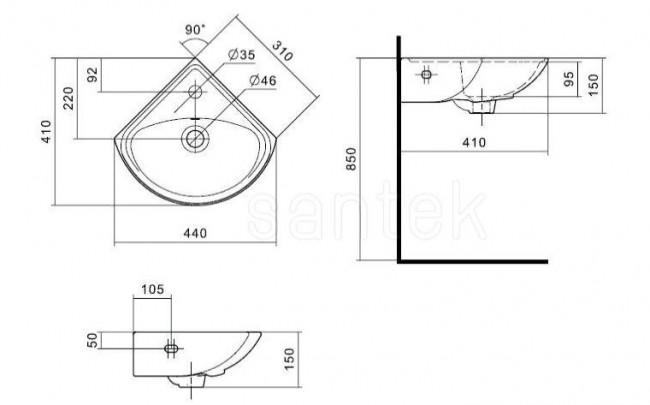 Раковина Santek Ирис 36 1WH110514 угловая