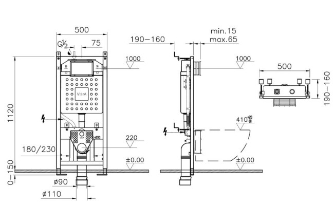 Комплект инсталляции VitrA V12 9856B003-7206 с безободковым унитазом VitrA Integra Square кнопка матовый хром