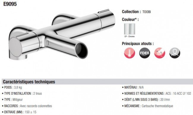 Смеситель Jacob Delafon Toobi E9095-CP для ванны термостат