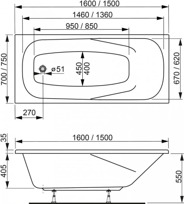 Ванна акриловая Vagnerplast Aronia 160*75 VPBA160ARN2X-04
