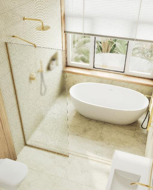 Душевая перегородка MaybahGlass 109*195 MGD-680-3у узкий профиль золото матовое/стекло сатин