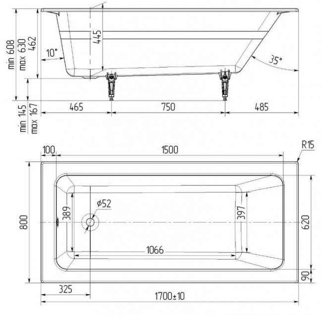 Ванна чугунная Delice Parallel 170*80 DLR220502 без ручек