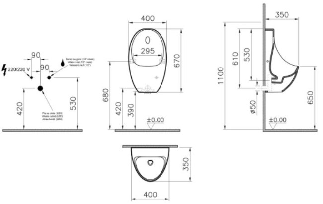 Писсуар VitrA Arkitekt 5999B003-5556 безободковый сенсорный питание от сети