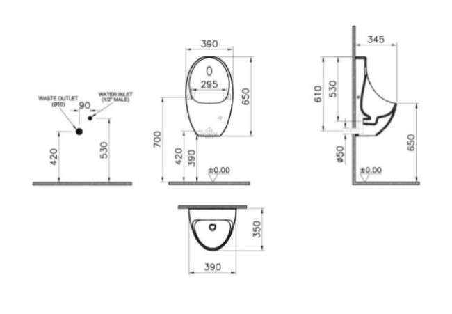 Писсуар VitrA Arkitekt 5999B003-5555 безободковый сенсорный питание от батарейки