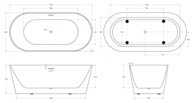 Ванна акриловая BelBagno 170*80 BB416-1700-800 отдельностоящая