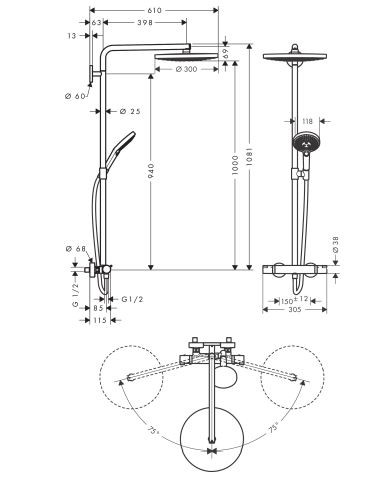 Душевая система Hansgrohe Raindance Select S Showerpipe 300 2jet 27133400 с термостатом хром/белый