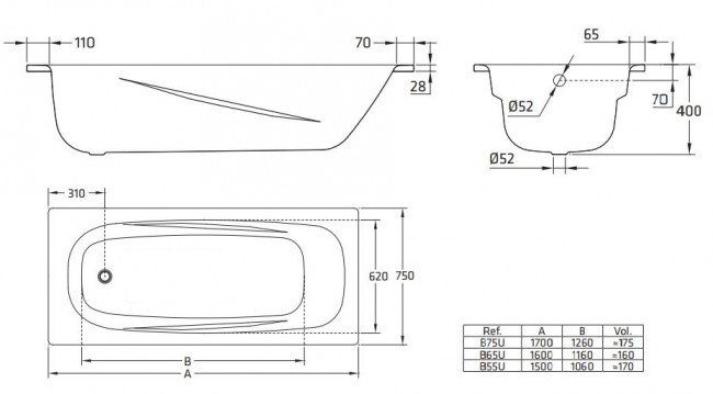 Ванна стальная BLB Universal Anatomica 150*75 B55U без ручек