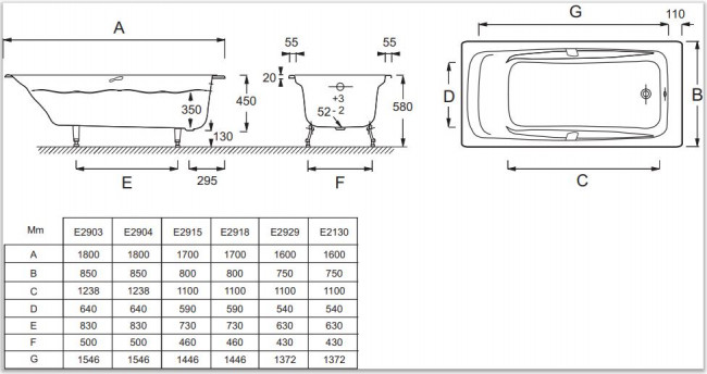 Чугунная ванна Jacob Delafon Repos E2903-00 180*85