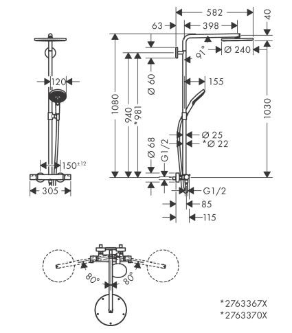 Душевая система Hansgrohe Raindance Select S Showerpipe 240 1jet PowderRain 27633990 с термостатом полированное золото