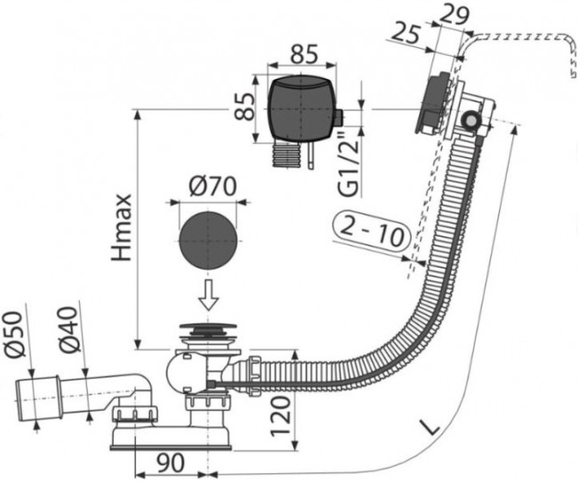 Слив-перелив AlcaPlast A564BLACK полуавтомат с напуском воды через перелив