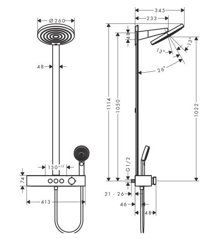Душевая система Hansgrohe Pulsify S Showerpipe 260 2jet EcoSmart с ShowerTablet Select 400 24241670 с термостатом черный матовый