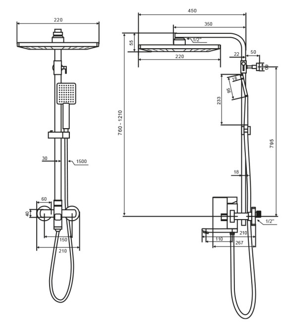 Душевая система Maretti Project Black PB21RYN56 черный матовый