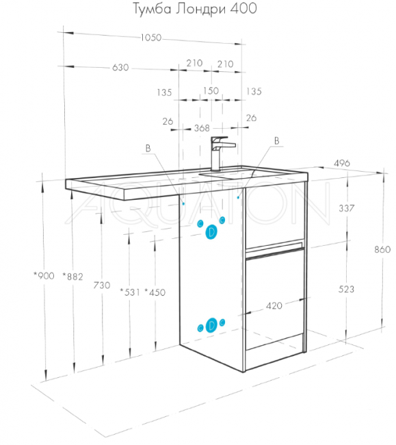 Комплект тумба Акватон Лондри 40 с раковиной Лондри 105 правая 1A2360K0LH010