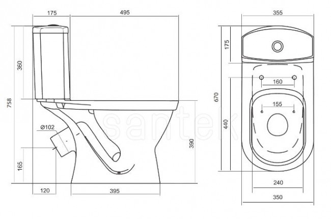 Унитаз-компакт Santek Алькор 1WH302140 антивсплеск диагональный выпуск сиденье без микролифта
