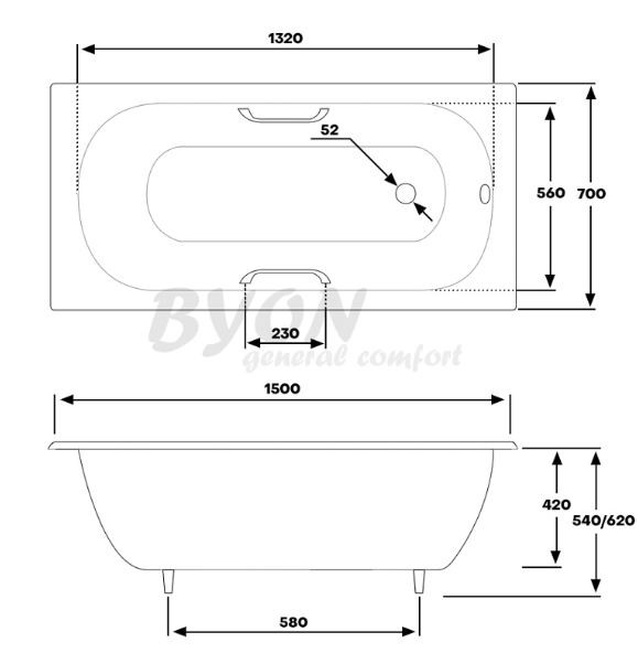 Ванна чугунная Byon B13 150*70 с ручками