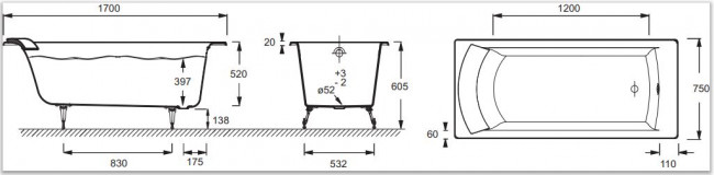 Чугунная ванна Jacob Delafon Biove E2930-S-00 170*75 без антискольжения