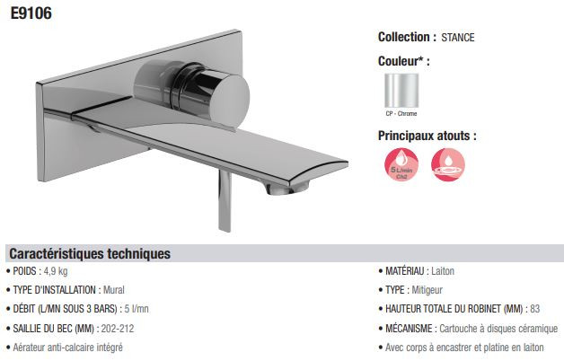 Смеситель Jacob Delafon Stance E9106-CP для раковины настенный