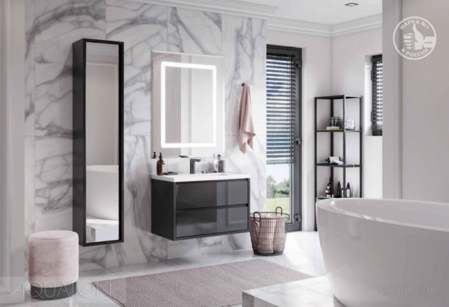 Комплект тумба Акватон Римини NEW 80 черный глянец с раковиной Айрис 80 1A2267K3RN950