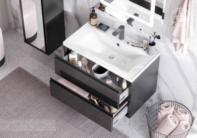 Комплект тумба Акватон Римини NEW 80 черный глянец с раковиной Айрис 80 1A2267K3RN950