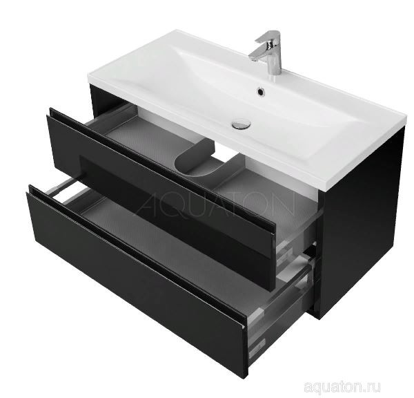 Комплект тумба Акватон Римини 100 NEW черный глянец с раковиной Айрис 100 1A2346K3RN950