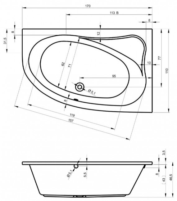 Ванна акриловая Riho Lyra 170*110 B018001005 левая