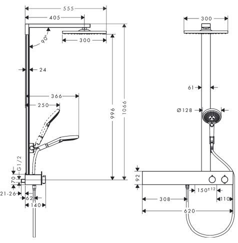 Душевая система Hansgrohe Raindance E Showerpipe 300 1jet EcoSmart с ShowerTablet 600 27364000 с термостатом