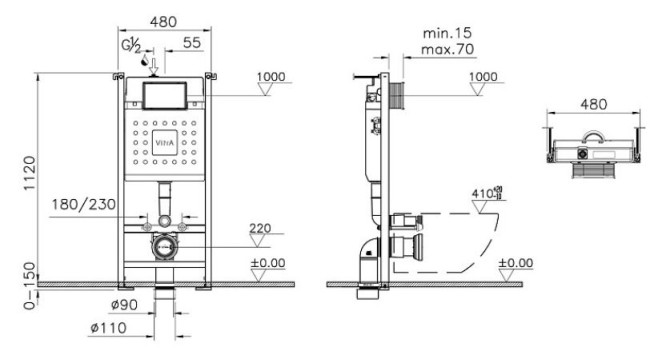 Система инсталляции VitrA Core 800-1874 для унитаза с кнопкой смыва Root R 740-2211 черный матовый