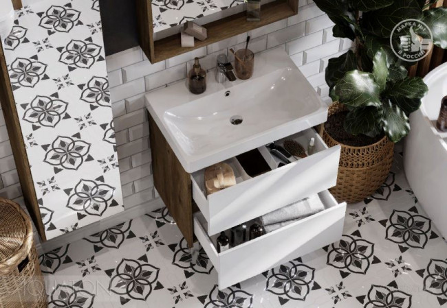 Комплект тумба Акватон Сканди 70 белая дуб рустикальный с раковиной Адриана 70 1A2518K0SDZ90