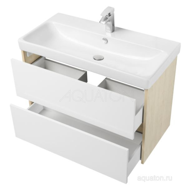 Комплект тумба Акватон Сканди 90 белая дуб верона с раковиной Адриана 90 1A2519K0SDB20