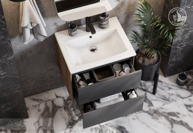 Комплект тумба Акватон Сохо 60 дуб веллингтон графит софт с раковиной Элина 60 1A2580K1AJA00