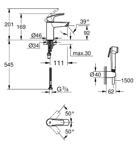 Смеситель Grohe Eurosmart 23124003 для раковины с гигиеническим душем