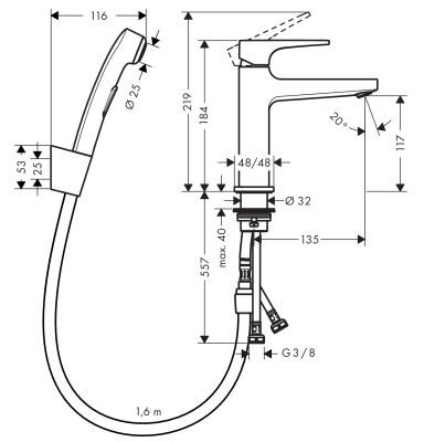 Смеситель Hansgrohe Metropol 32522000 для раковины с гигиеническим душем