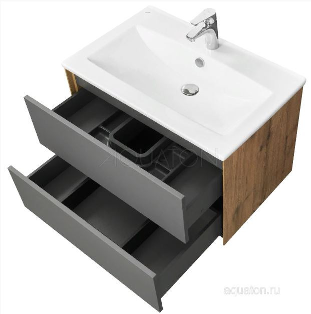 Комплект тумба Акватон Сохо 75 дуб веллингтон графит софт с раковиной Элина 75 1A2581K1AJA00