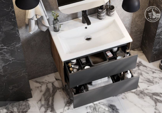 Комплект тумба Акватон Сохо 75 дуб веллингтон графит софт с раковиной Элина 75 1A2581K1AJA00