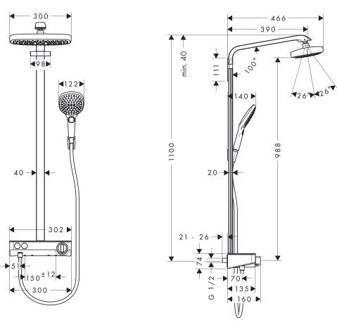 Душевая система Hansgrohe Raindance Select E Showerpipe 300 2jet EcoSmart с ShowerTablet Select 300 27283000 с термостатом