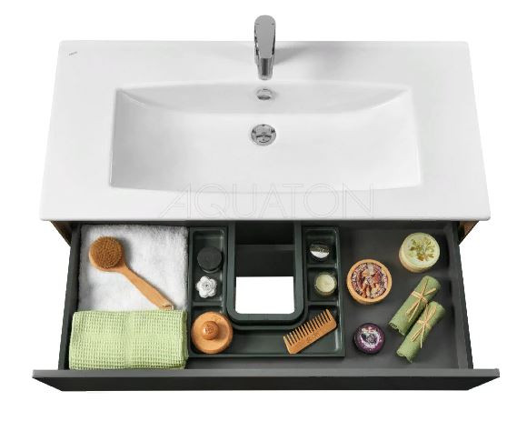 Комплект тумба Акватон Сохо 100 дуб веллингтон графит софт с раковиной Элина 100 1A2582K1AJA00