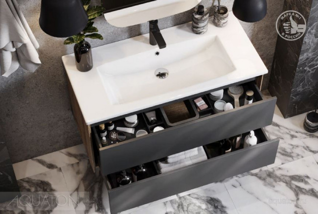 Комплект тумба Акватон Сохо 100 дуб веллингтон графит софт с раковиной Элина 100 1A2582K1AJA00