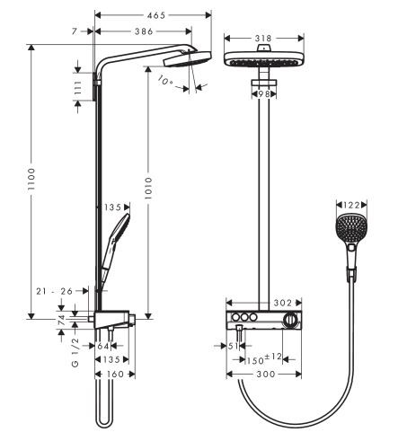 Душевая система Hansgrohe Raindance Select E Showerpipe 300 3jet с ShowerTablet Select 300 27127400 с термостатом хром/белый