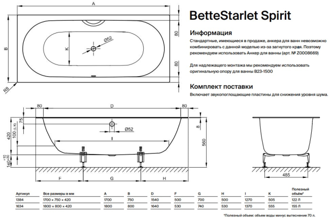 Ванна стальная Bette BetteStarlet Spirit 170*75 1384-000 AS антислип Sense встраиваемая