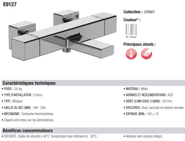 Смеситель Jacob Delafon Strayt E9127-CP для ванны термостат