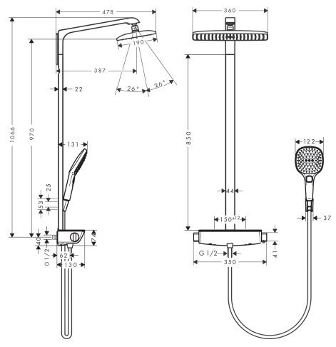 Душевая система Hansgrohe Raindance E Showerpipe 360 1jet EcoSmart 27286000 с термостатом